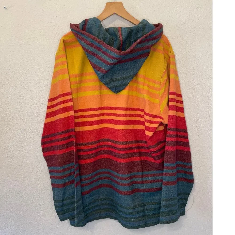 NWT Lakhays Boho Multicolor Strip Beach Striped Hoodie Med/Lg Unisex Orange Blue